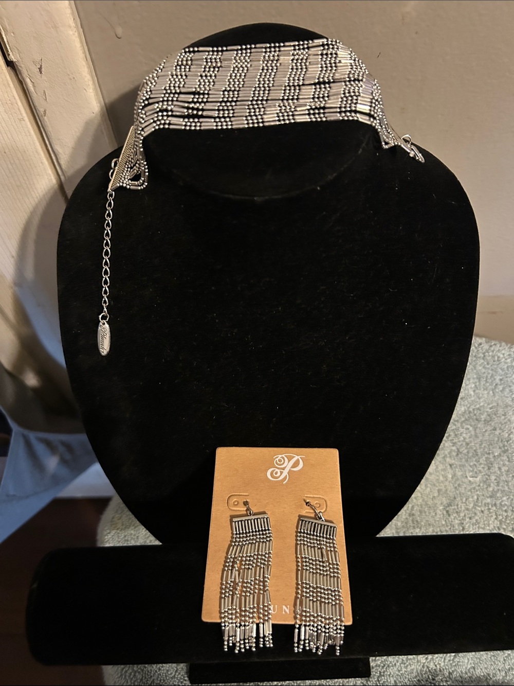 Silver Mesh Fringe Bracelet and Earrings Set